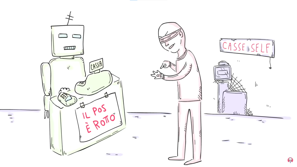 Foglio di carta con scritto "il POS è rotto" attaccato alla cassa nell'Italia del 2077